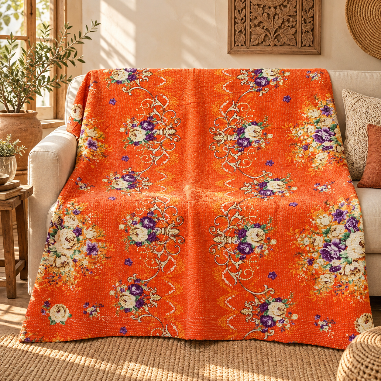 Vintage Kantha Quilt 60x90 Inches – Orange Floral Handmade Cotton Indian Bedspread Throw