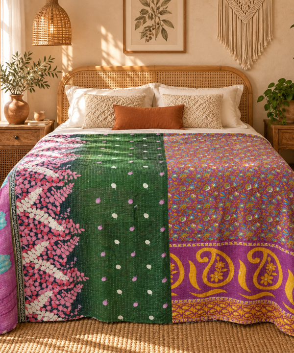 Alternative view of Vintage Handmade Kantha Quilt – Green & Multicolor Recycled Sari Cotton Bed Throw, Boho Reversible Blanket