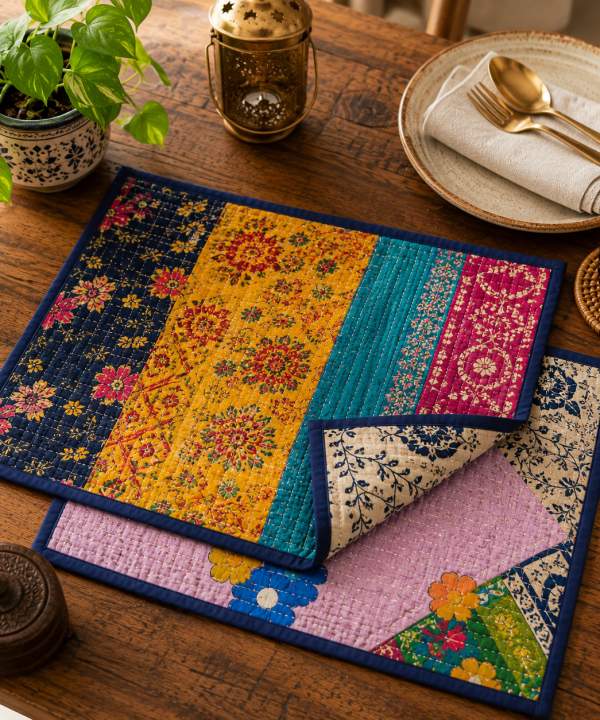 5 Pcs Vintage Kantha Quilted Placemats 13x18 Inches – Recycled Cotton Patchwork Table Mats, Handmade Boho Dining Decor