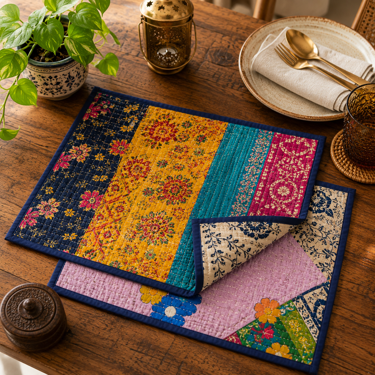 5 Pcs Vintage Kantha Quilted Placemats 13x18 Inches – Recycled Cotton Patchwork Table Mats, Handmade Boho Dining Decor