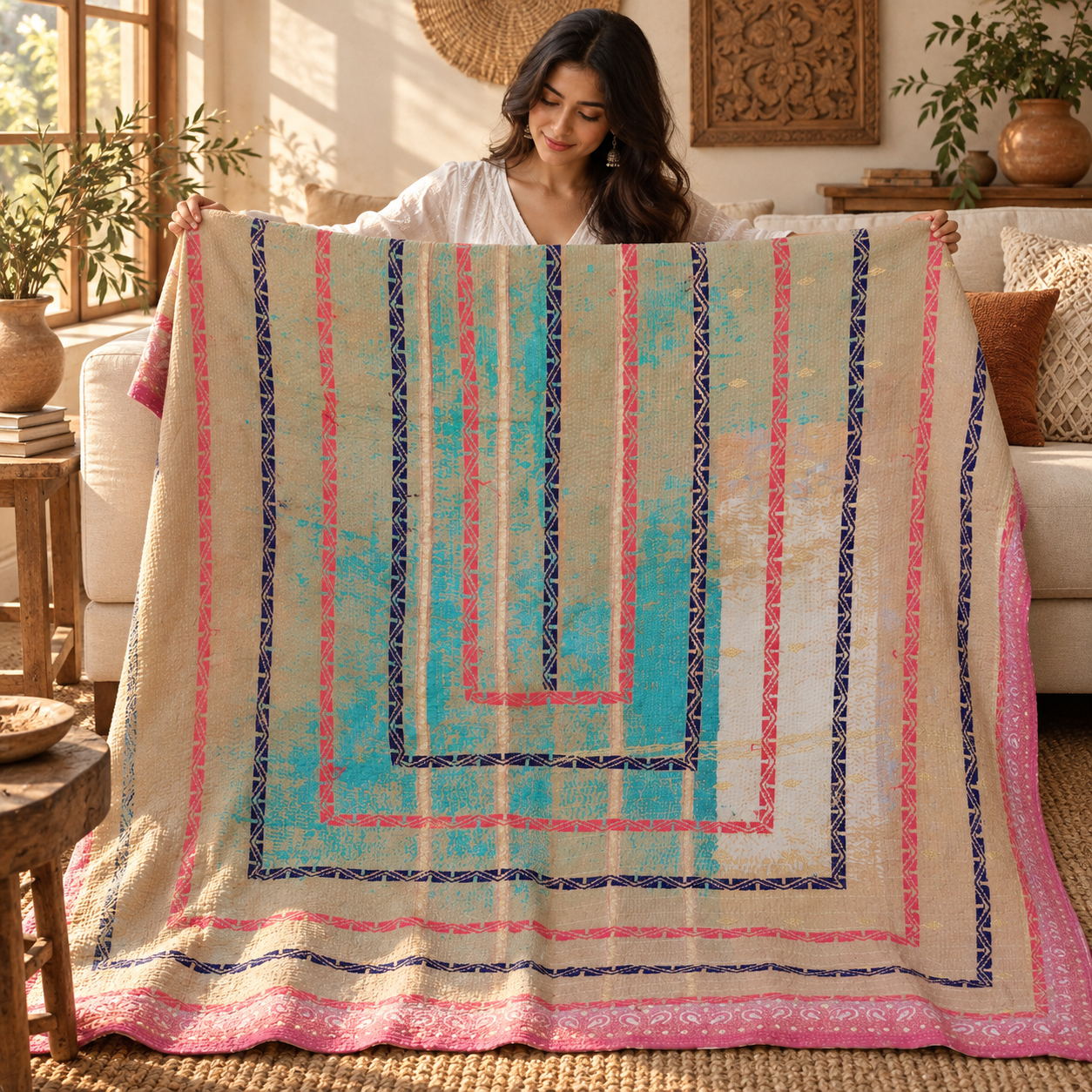 Vintage Turquoise Pink Kantha Quilt – Handmade Cotton Bedspread Throw 60 x 90 Inches - Image 3