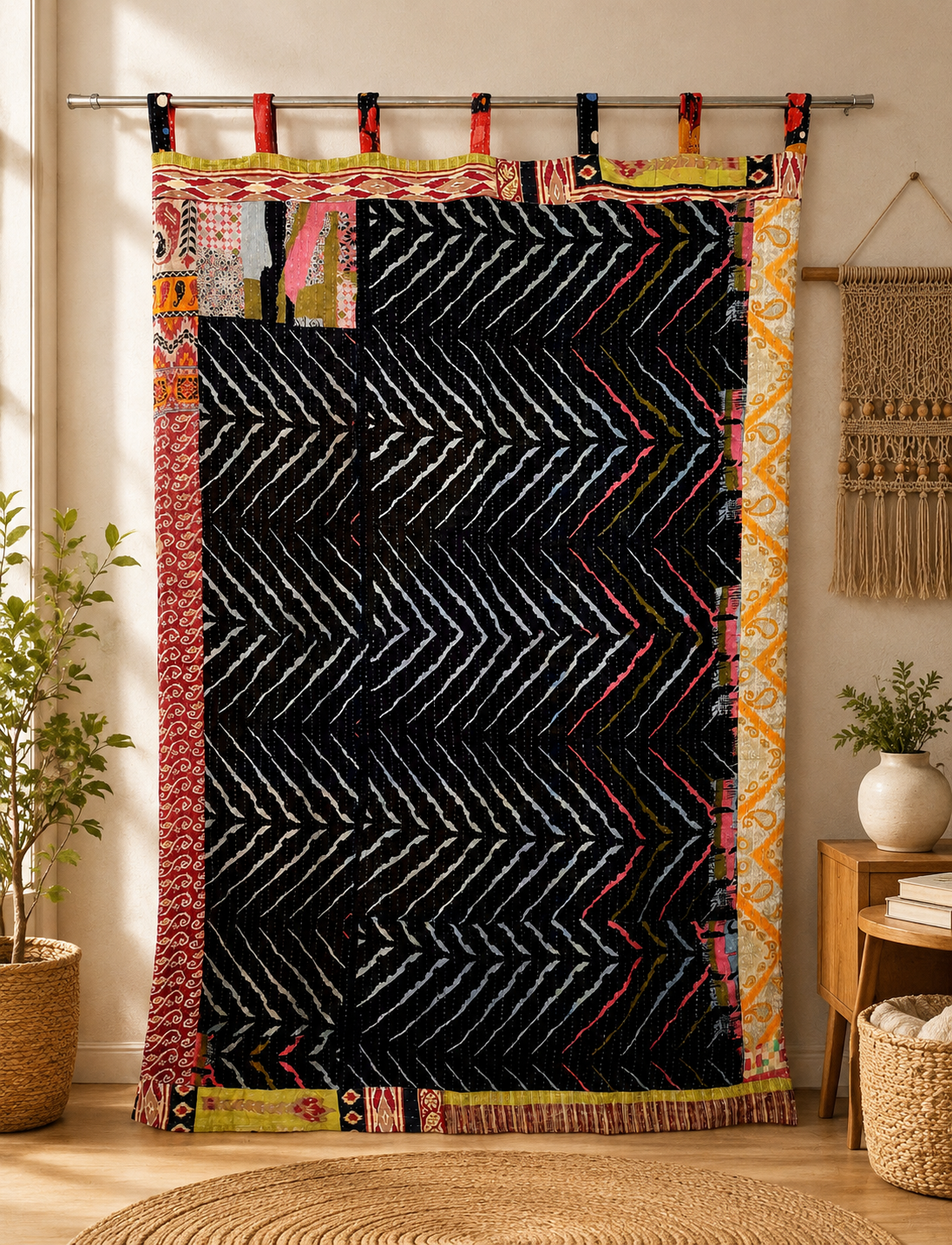 Black Vintage Kantha Curtain – Handmade Cotton Patchwork Boho Indian Window Door Curtain – 1 Pc - Image 4