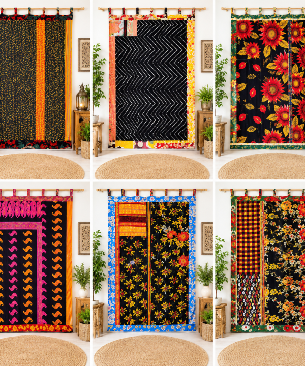 Black Vintage Kantha Curtain – Handmade Cotton Patchwork Boho Indian Window Door Curtain – 1 Pc