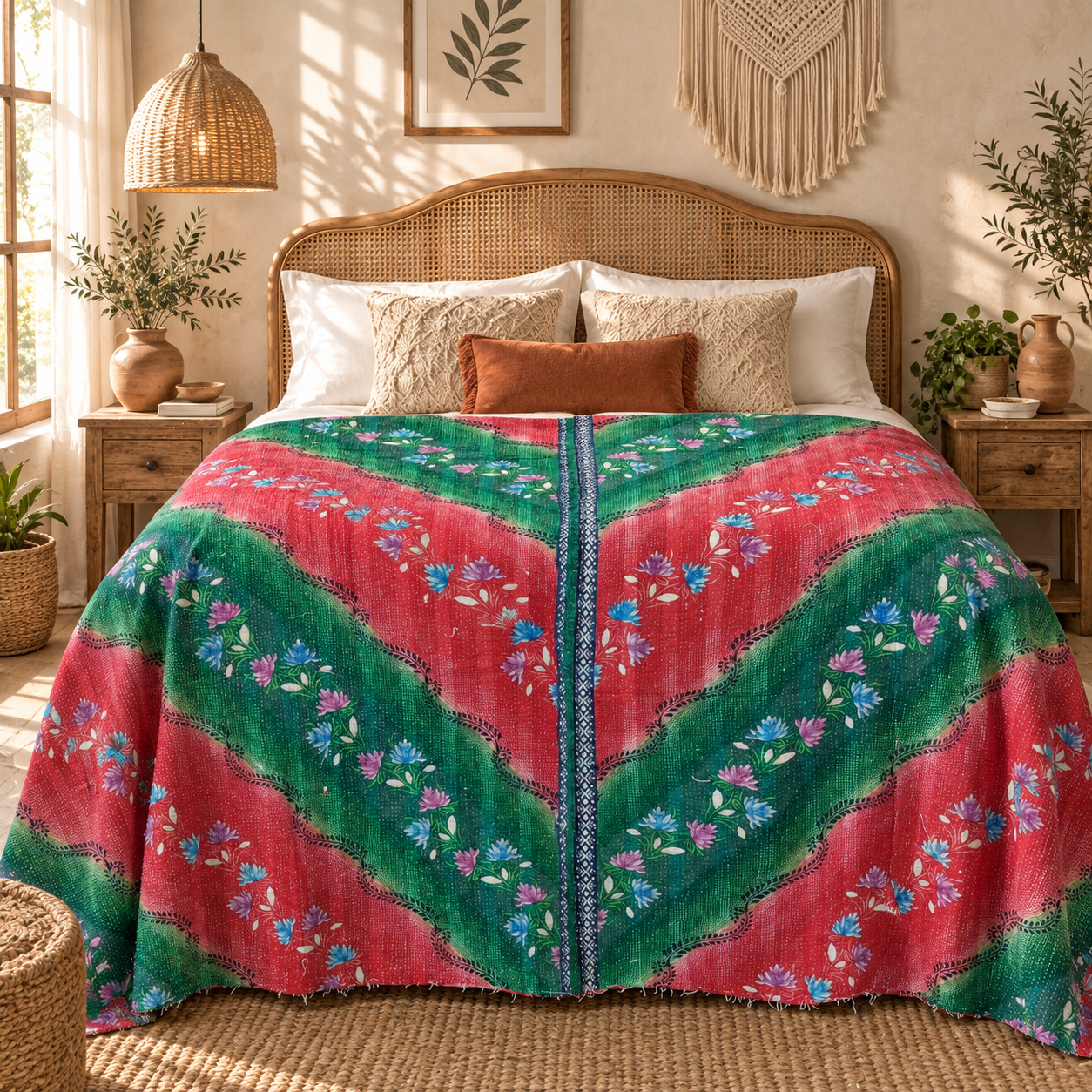 Vintage Handmade Kantha Quilt Green & Pink Floral Recycled Sari Cotton Boho Throw Blanket - Image 3