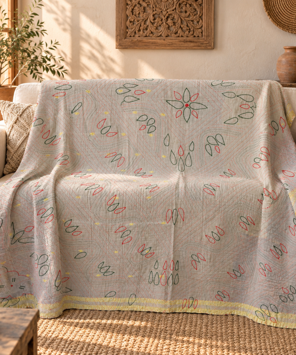Vintage Handmade Kantha Quilt – Soft Grey Floral Cotton Bedspread, Hand Stitched Indian Throw, 60 x 90 Inches