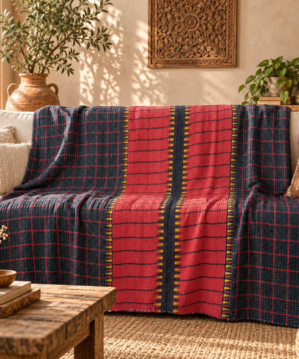 Vintage Handmade Kantha Quilt – Red & Navy Blue Recycled Sari Throw, Reversible Indian Boho Bedspread MN-VKQ-TW-1342