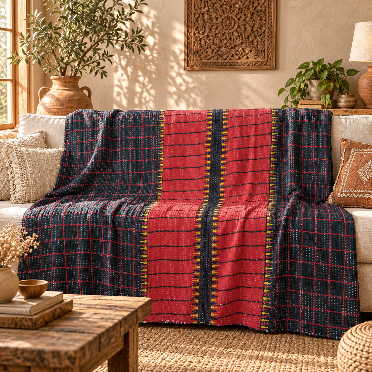 Vintage Handmade Kantha Quilt – Red & Navy Blue Recycled Sari Throw, Reversible Indian Boho Bedspread MN-VKQ-TW-1342