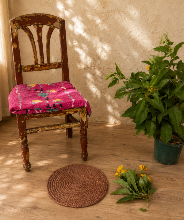 Alternative view of Handmade Round Jute Rug – Assorted Printed & Braided Boho Area Rug – Natural Indian Floor Mat