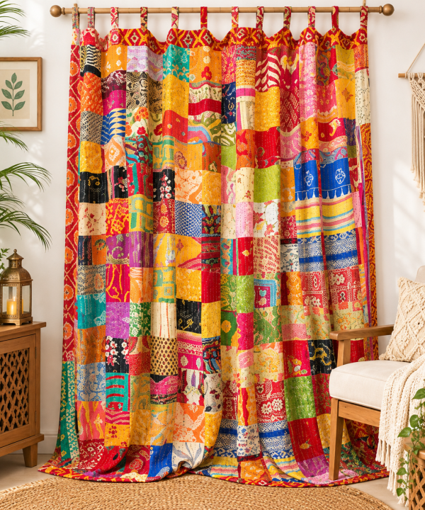 Vintage Kantha Patchwork Curtain – Handmade Multicolor Cotton Boho Window Door Curtain – 1 Pc