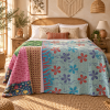 Vintage Light Blue Kantha Quilt – Handmade Floral Recycled Sari Cotton Bedspread Throw - Image 2