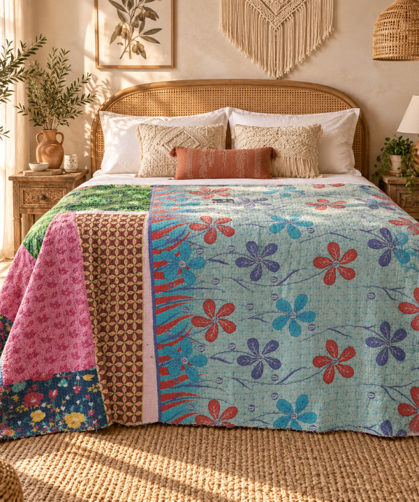 Alternative view of Vintage Light Blue Kantha Quilt – Handmade Floral Recycled Sari Cotton Bedspread Throw