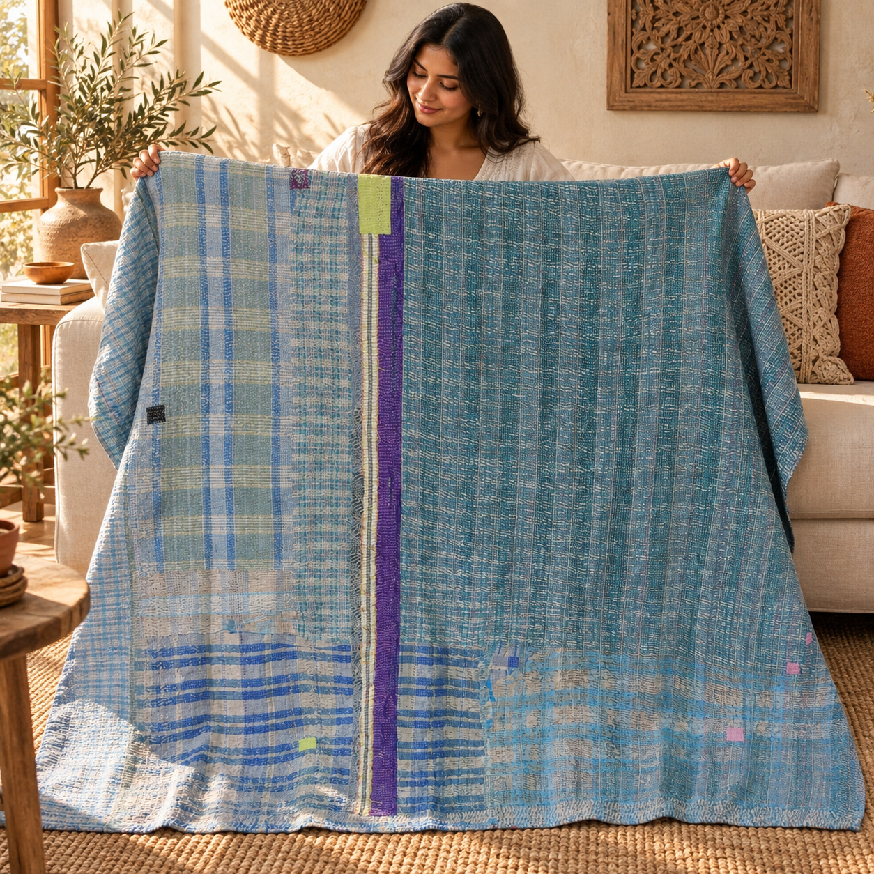 Vintage Blue Kantha Quilt – Handmade Cotton Patchwork Bedspread, Boho Throw 60 x 90 Inches - Image 3