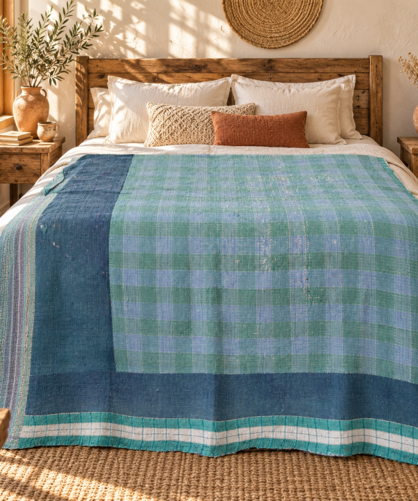 Alternative view of Vintage Blue Green Kantha Quilt 60x90 Inches – Hand Stitched Cotton Plaid Bedspread, Boho Throw Blanket