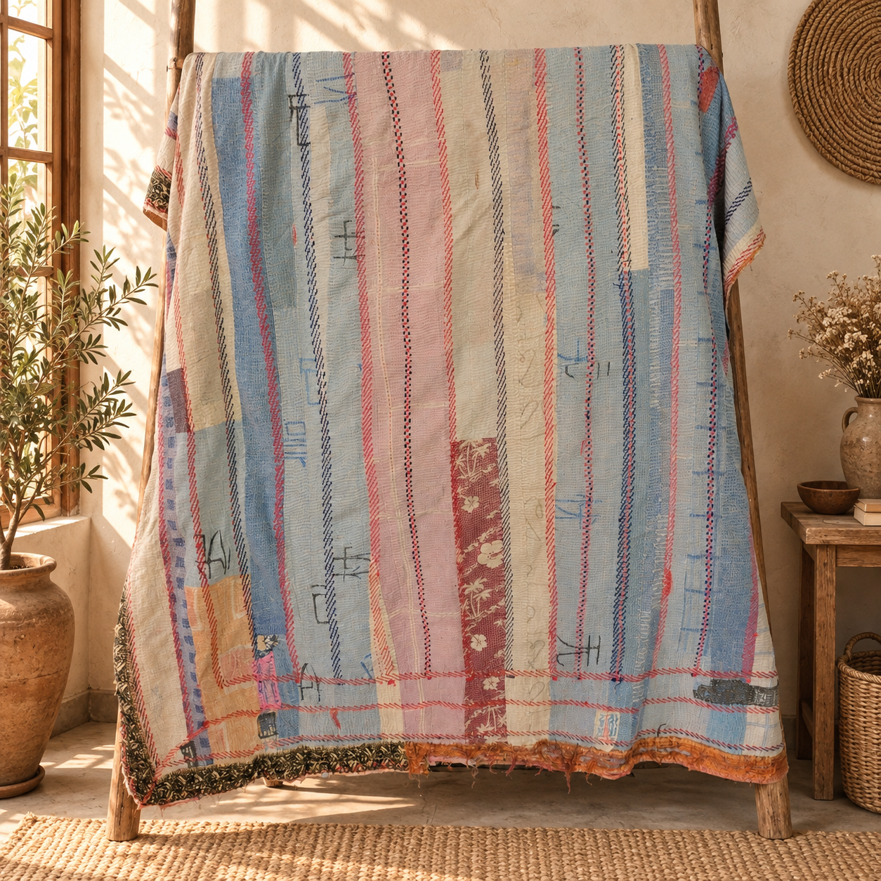 Vintage Pastel Blue Pink Kantha Quilt 60x90 Inches – Hand Stitched Cotton Boho Bedspread Throw - Image 5