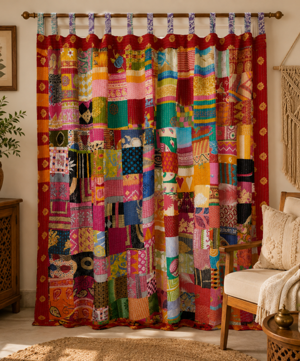 Vintage Kantha Patchwork Curtain – Handmade Multicolor Cotton Boho Window Door Curtain – 1 Pc