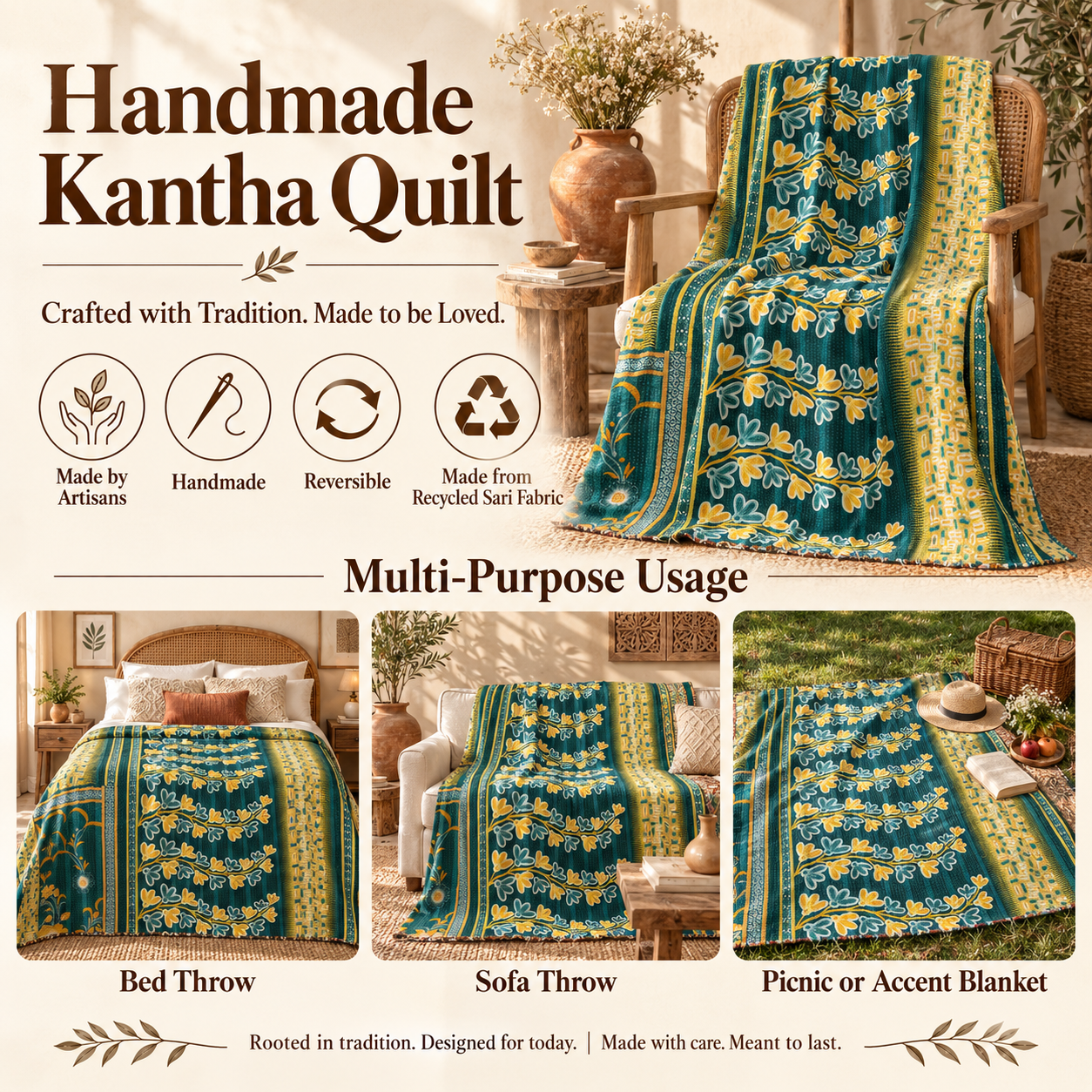 Vintage Green Kantha Quilt – Handmade Recycled Sari Cotton Bed Throw, Floral Boho Blanket MN-VKQ-TW-1343 - Image 4