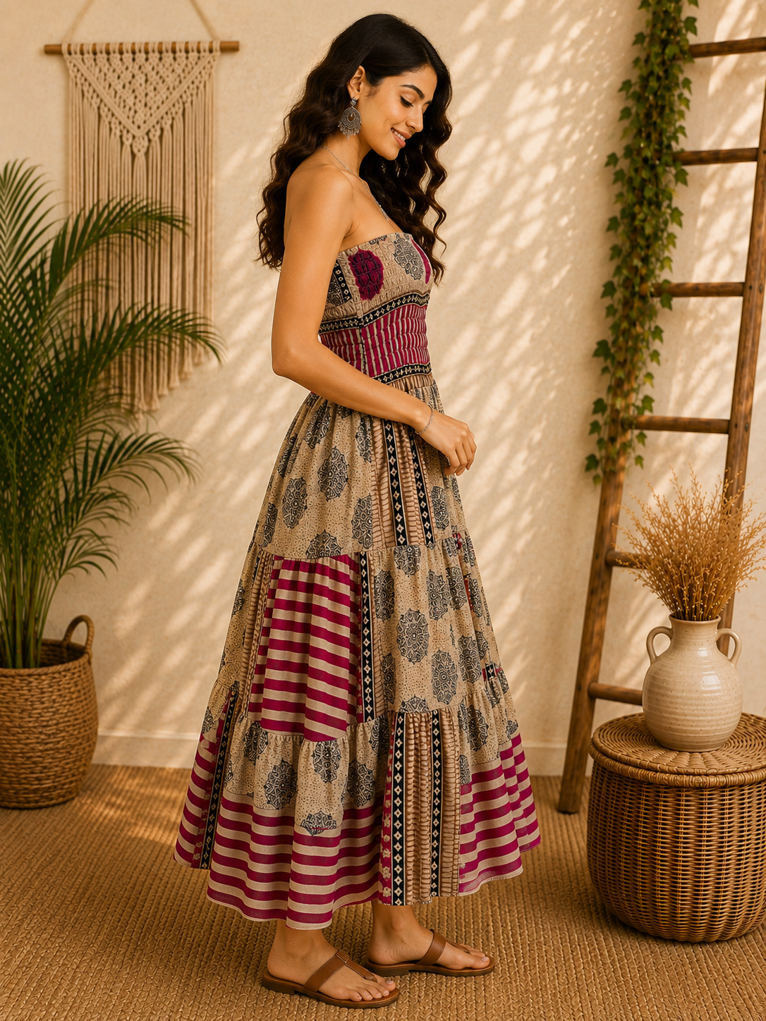 Beige Magenta & Black Patchwork Maxi Dress – Strapless Smocked Tiered Boho Printed Summer Dress - Image 4