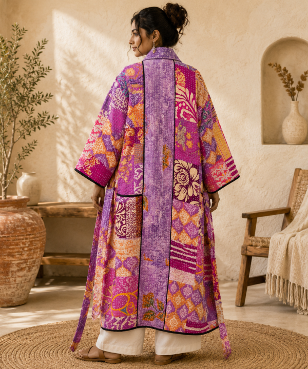 Alternative view of Purple Pink Multicolor Vintage Kantha Long Kimono Robe – Handmade Patchwork Cotton Boho Jacket