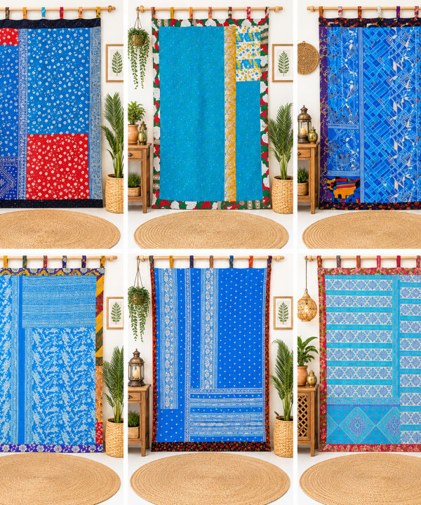 Blue Vintage Kantha Curtain – Handmade Cotton Patchwork Boho Indian Window Door Curtain – 1 Pc