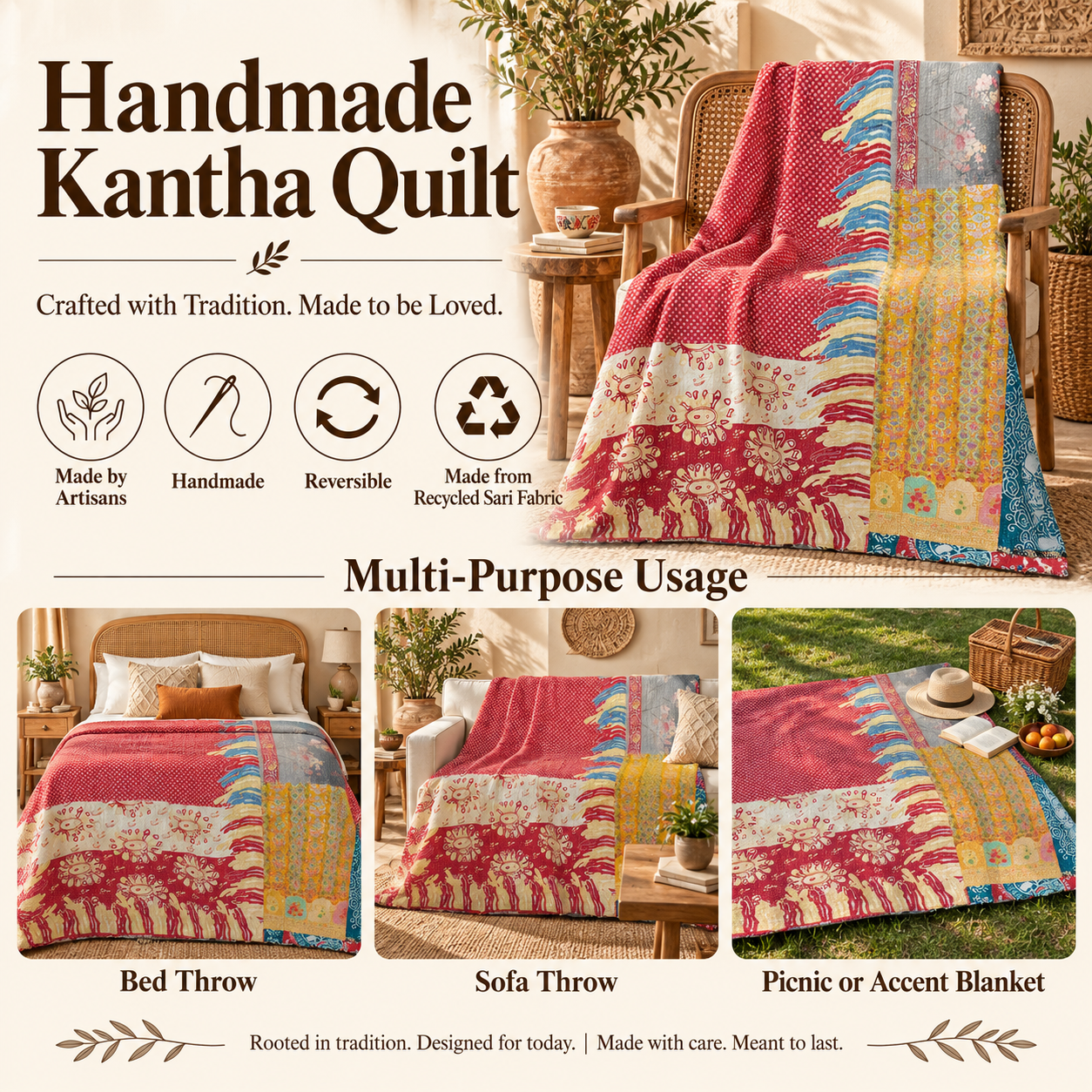 Vintage Red Kantha Quilt – Handmade Recycled Sari Cotton Patchwork Bedspread Boho Throw, MN-VKQ-TW-1344 - Image 4