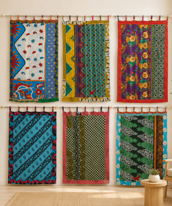 Vintage Kantha Patchwork Curtain 1 Pc – Multicolor Cotton Sari Window Panel Boho Tab Top Curtain
