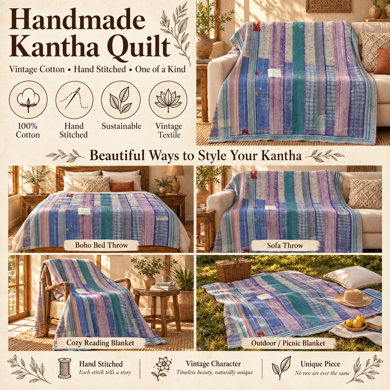 Vintage Blue Purple Kantha Quilt 60x90 Inches – Hand Stitched Cotton Boho Bedspread Throw - Image 4