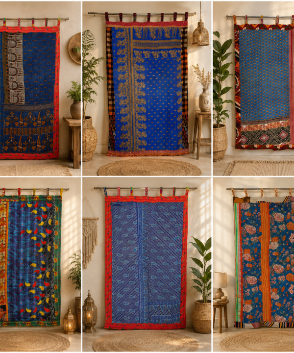 Blue Vintage Kantha Curtain – Handmade Cotton Patchwork Boho Indian Window Door Curtain – 1 Pc