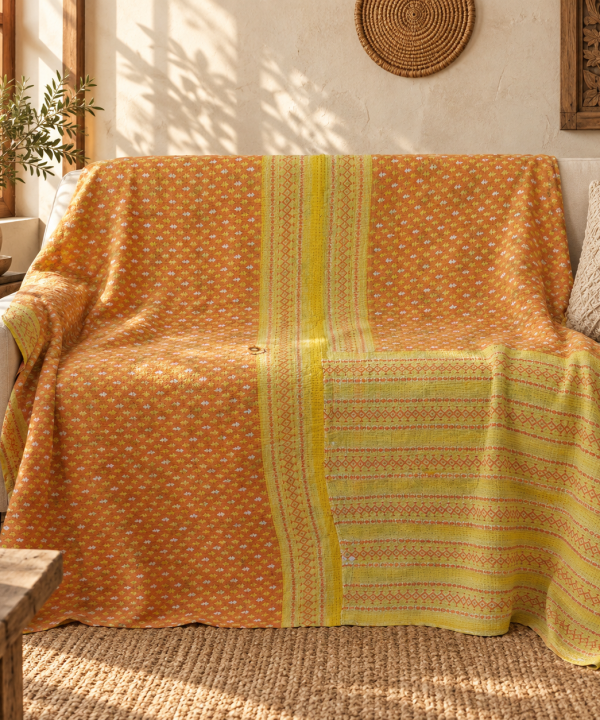 Vintage Orange Kantha Quilt 60x90 Inches – Handmade Cotton Boho Bedspread Throw