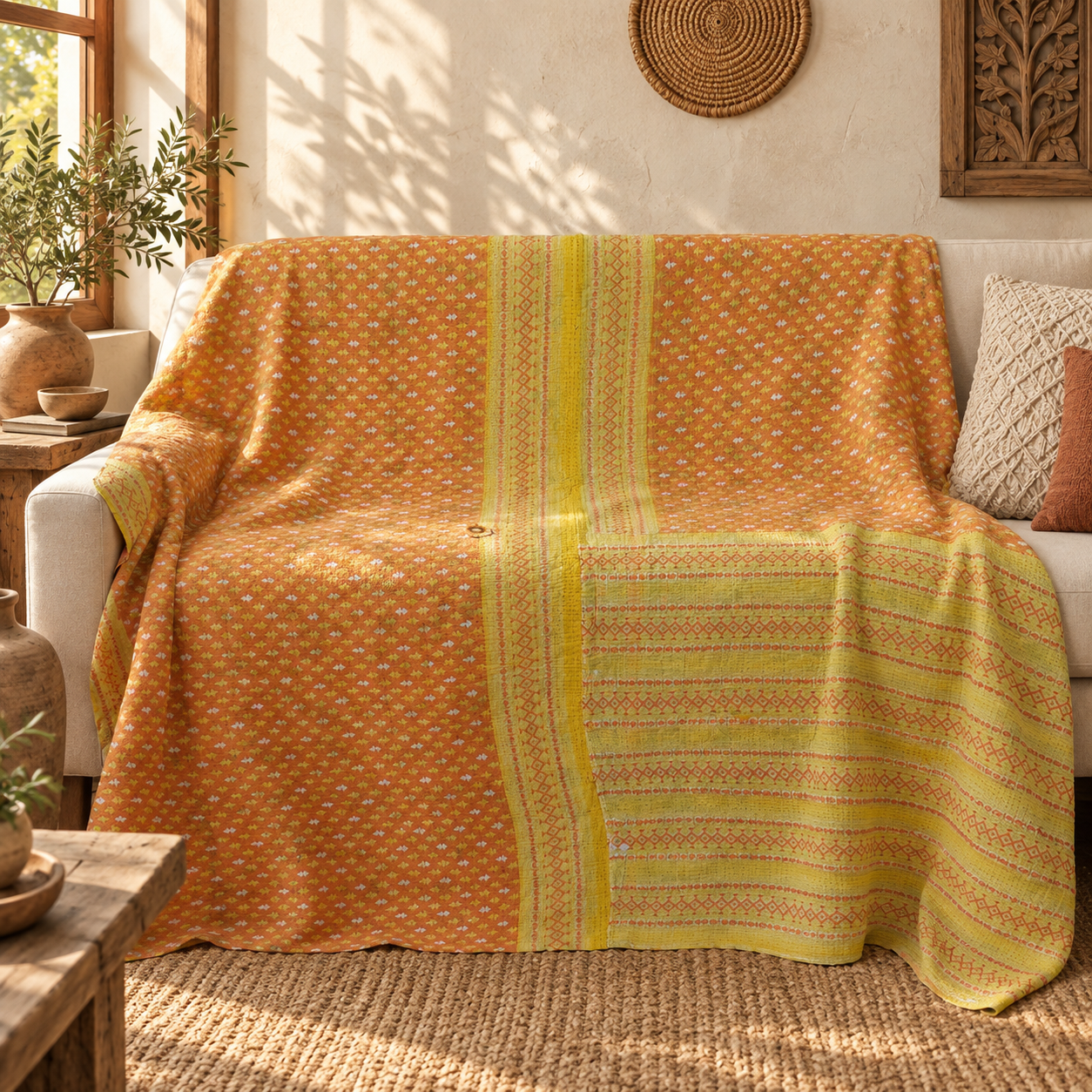 Vintage Orange Kantha Quilt 60x90 Inches – Handmade Cotton Boho Bedspread Throw