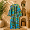 Turquoise Blue Floral Paisley Long Kimono Robe – Boho Printed Maxi Kimono Jacket for Women - Image 3