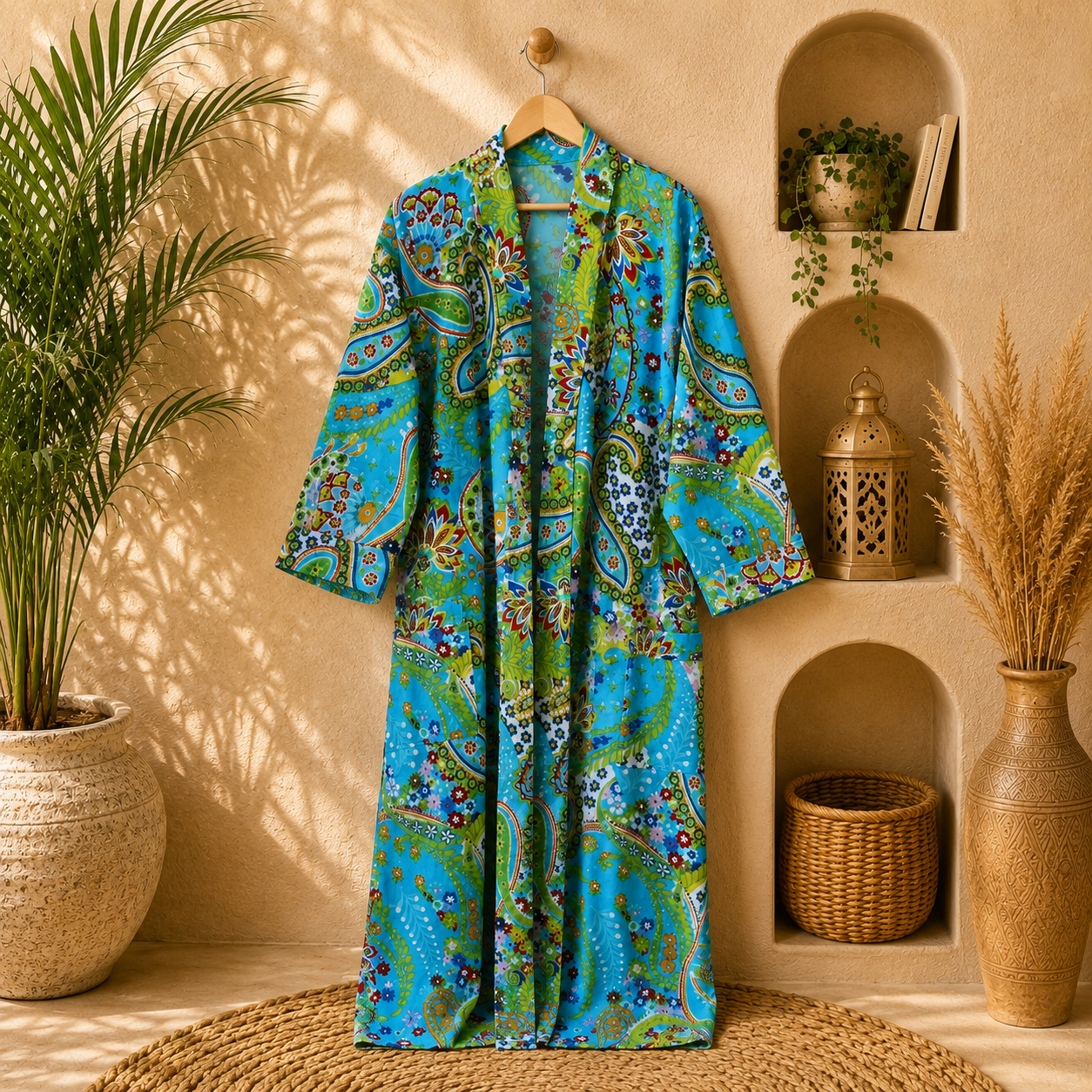 Turquoise Blue Floral Paisley Long Kimono Robe – Boho Printed Maxi Kimono Jacket for Women - Image 3