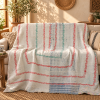 Ivory White Vintage Kantha Quilt 60 x 90 Inches – Red Green Hand Stitched Cotton Bedspread – One of a Kind