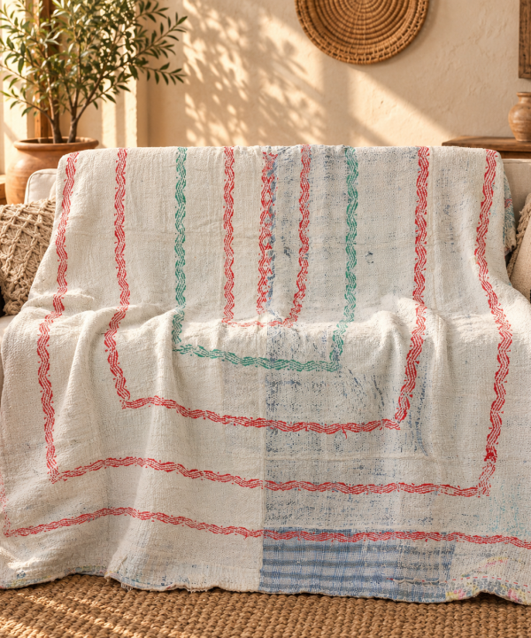 Ivory White Vintage Kantha Quilt 60 x 90 Inches – Red Green Hand Stitched Cotton Bedspread – One of a Kind