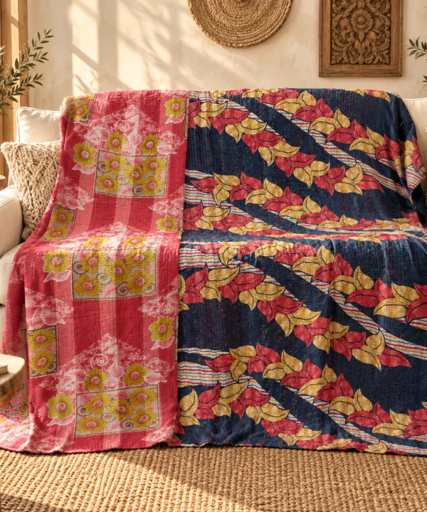 Vintage Navy Blue & Red Kantha Quilt – Floral Hand Stitched Cotton Bedspread 60 x 90 Inches