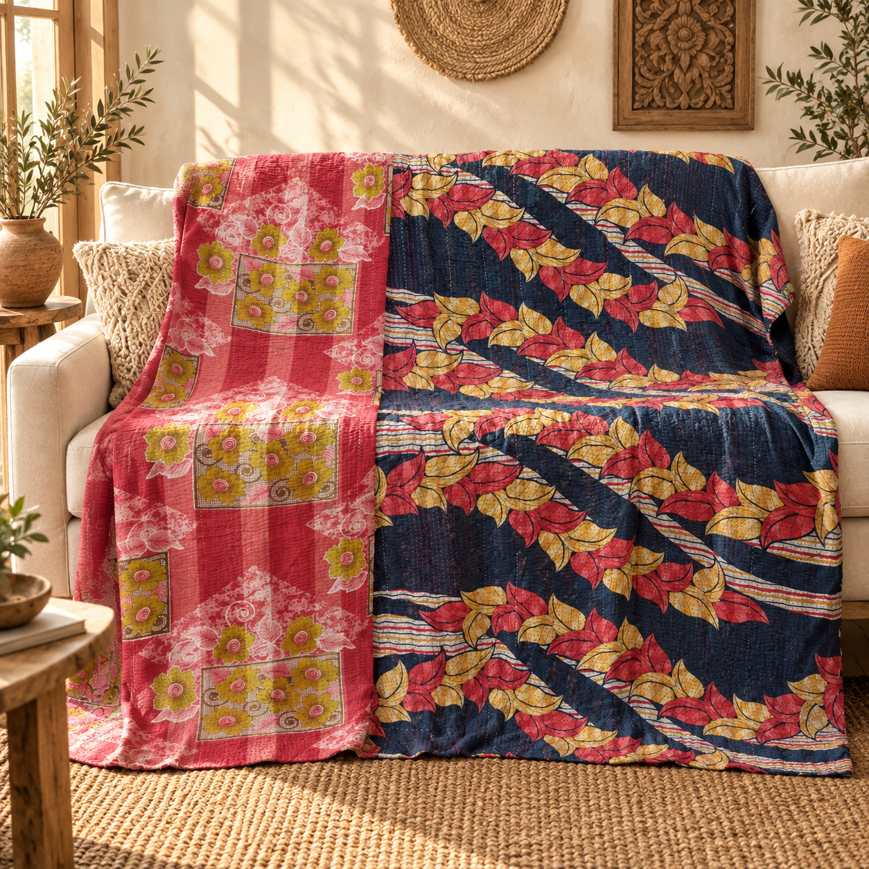 Vintage Navy Blue & Red Kantha Quilt – Floral Hand Stitched Cotton Bedspread 60 x 90 Inches