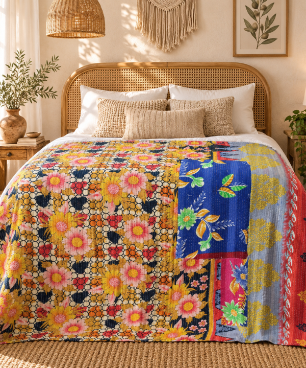 Alternative view of Vintage Handmade Kantha Quilt – Yellow Floral Multicolor Recycled Cotton Bedspread, Indian Boho Sofa Throw Blanket