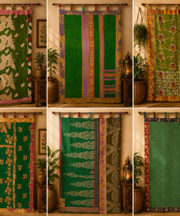 Green Vintage Kantha Curtain – Handmade Cotton Patchwork Boho Indian Window Door Curtain – 1 Pc