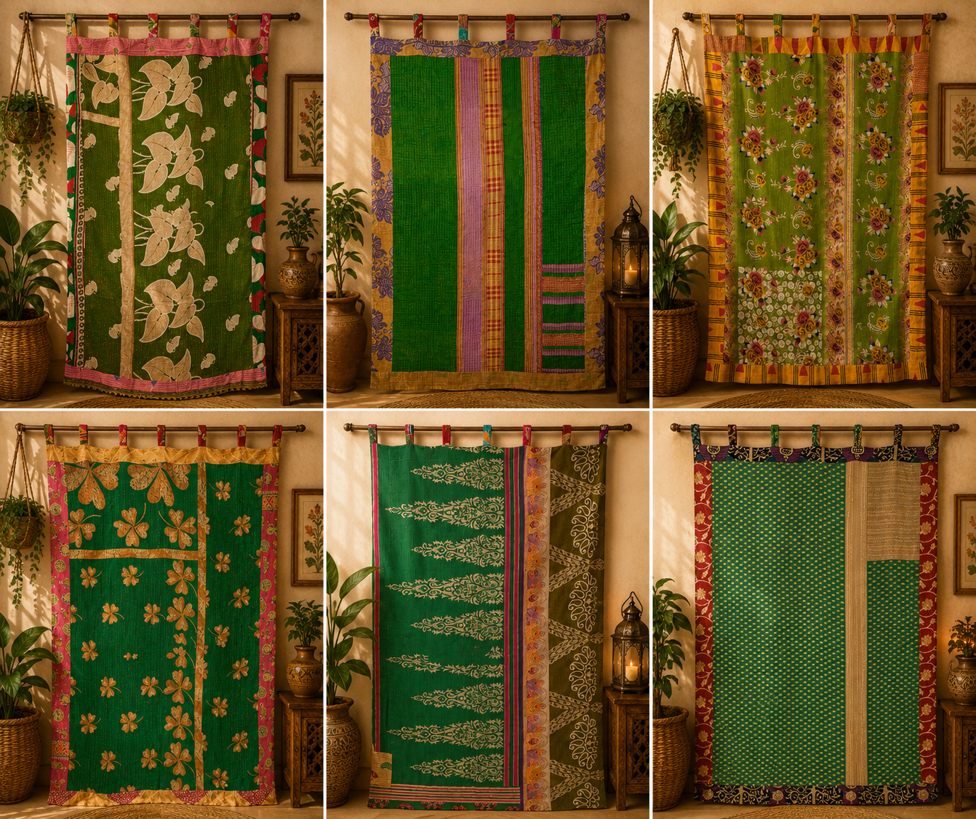 Green Vintage Kantha Curtain – Handmade Cotton Patchwork Boho Indian Window Door Curtain – 1 Pc