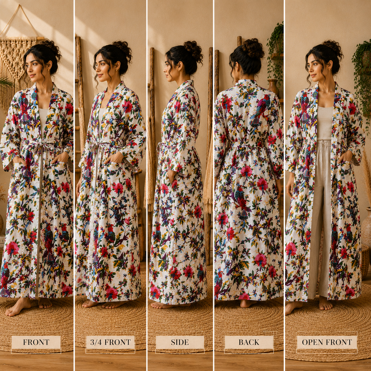 White Floral Bird Print Cotton Long Kimono Robe for Women – Boho Maxi Kimono, Free Size Belted Dressing Gown - Image 5