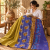 Vintage Handmade Kantha Quilt – Blue & Mustard Yellow Floral Recycled Sari Throw, Reversible Indian Bedspread - Image 3
