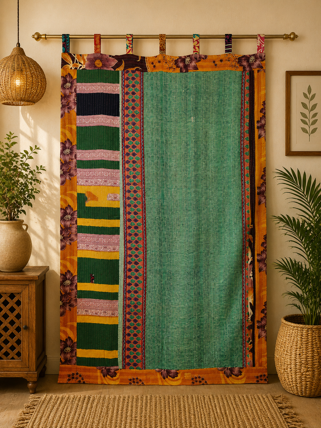 Green Vintage Kantha Curtain – Handmade Cotton Patchwork Boho Indian Window Door Curtain – 1 Pc - Image 4