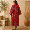 Red Floral Print Cotton Long Kimono Robe for Women – Boho Maxi Kimono Jacket, Free Size Open Front Cover Up - Image 2
