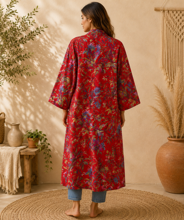 Alternative view of Red Floral Print Cotton Long Kimono Robe for Women – Boho Maxi Kimono Jacket, Free Size Open Front Cover Up