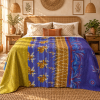 Vintage Handmade Kantha Quilt – Blue & Mustard Yellow Floral Recycled Sari Throw, Reversible Indian Bedspread - Image 2