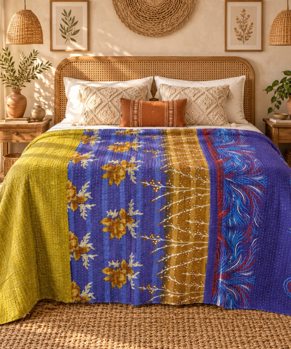 Alternative view of Vintage Handmade Kantha Quilt – Blue & Mustard Yellow Floral Recycled Sari Throw, Reversible Indian Bedspread