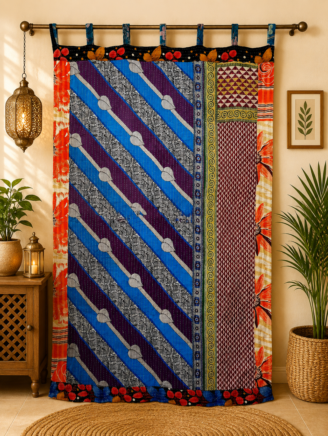Blue Vintage Kantha Curtain – Handmade Cotton Patchwork Boho Indian Window Door Curtain – 1 Pc - Image 5