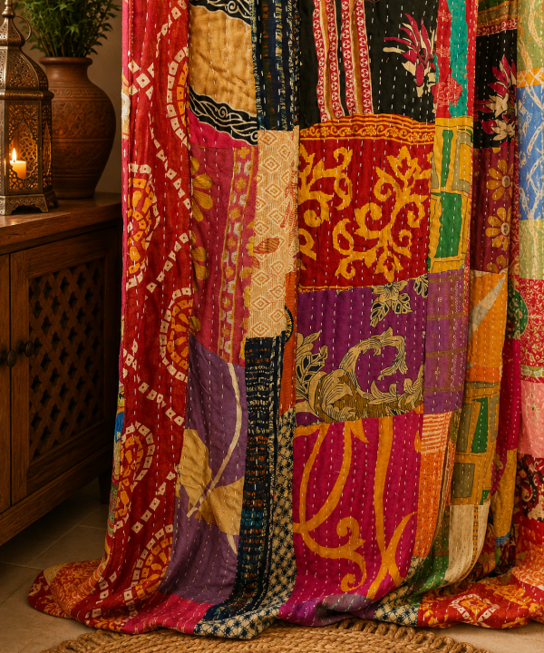Alternative view of Vintage Kantha Patchwork Curtain – Handmade Multicolor Cotton Boho Window Door Curtain – 1 Pc
