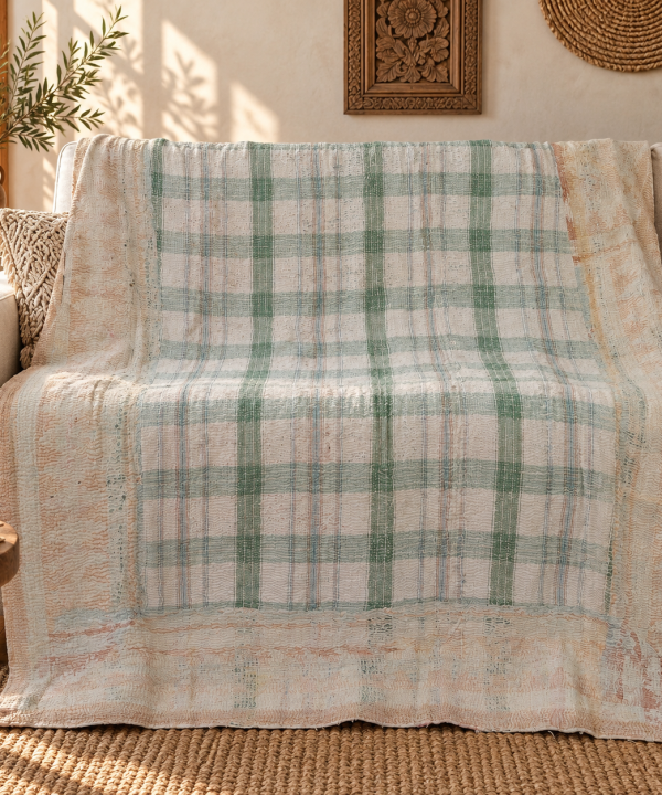 Vintage Pastel Green Plaid Kantha Quilt – Hand Stitched Cotton Bedspread 60 x 90 Inches
