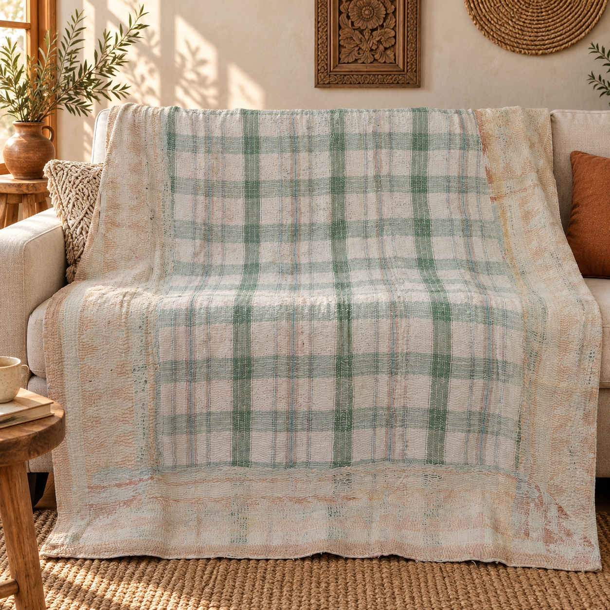 Vintage Pastel Green Plaid Kantha Quilt – Hand Stitched Cotton Bedspread 60 x 90 Inches