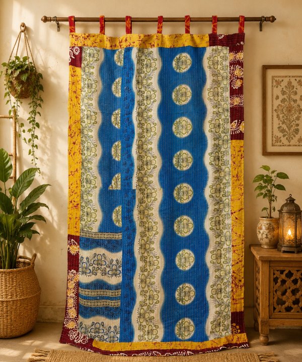 Alternative view of Blue Vintage Kantha Curtain – Handmade Cotton Patchwork Boho Indian Window Door Curtain – 1 Pc
